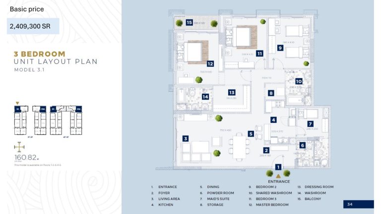 Floor plan, Al Alyaa &mdash; Model 3.1 &mdash; 3 bedroom apartment for sale in Madinah