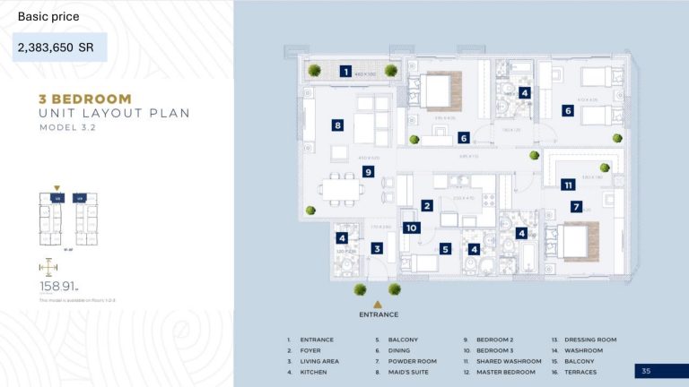 Floor plan, Al Alyaa &mdash; Model 3.2 &mdash; 3 bedroom apartment for sale in Madinah