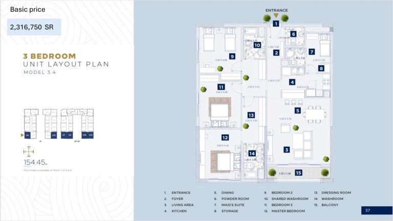 Floor plan, Al Alyaa &mdash; Model 3.4 &mdash; 3 bedroom apartment for sale in Madinah