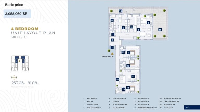Floor plan, Al Alyaa &mdash; Model 4.1 &mdash; 4 bedroom apartment for sale in Madinah