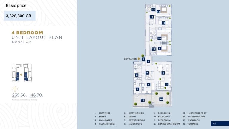Floor plan, Al Alyaa &mdash; Model 4.2 &mdash; 4 bedroom apartment for sale in Madinah