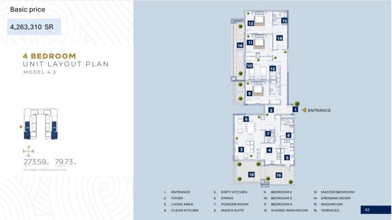 Floor plan, Al Alyaa &mdash; Model 4.3 &mdash; 4 bedroom apartment for sale in Madinah