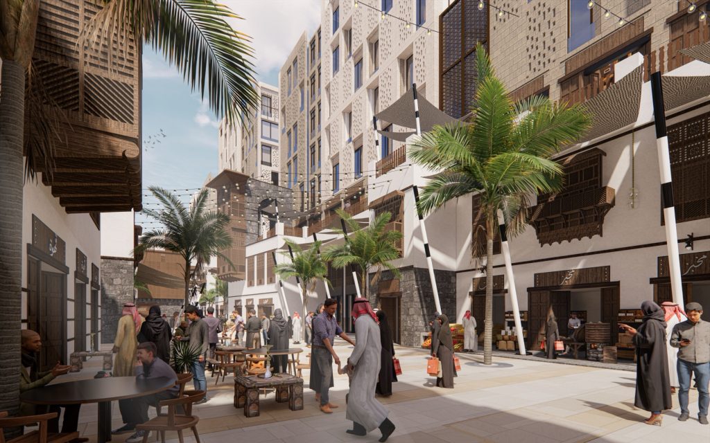 Islamic World District, Knowledge Economic City — walkable cultural street with traditional timber balconies and palm trees
