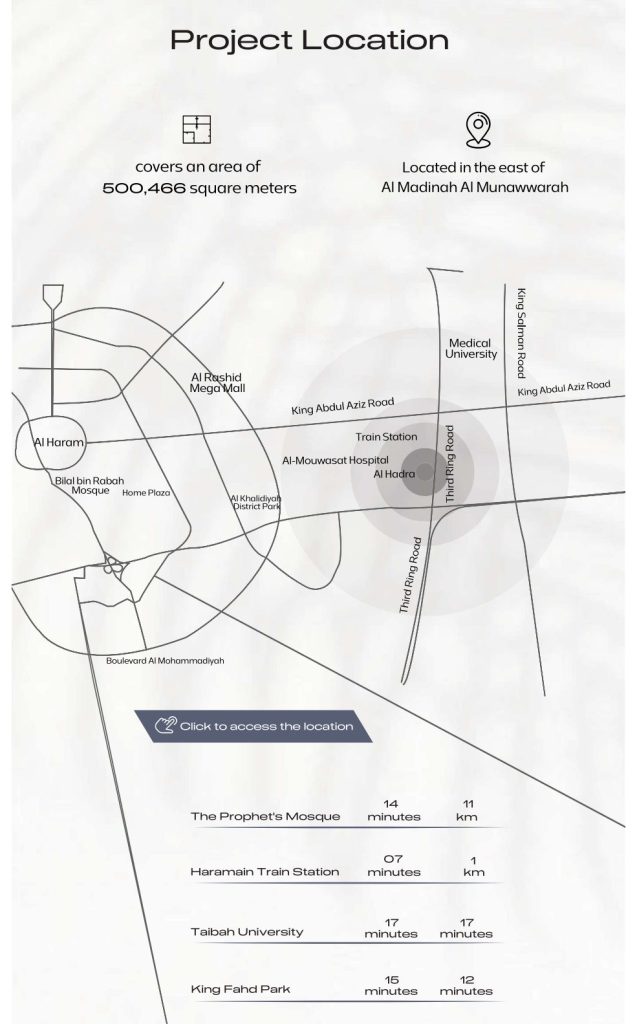 Majdiah project location map, east Madinah — 1 km from the Haramain train station, 11 km from the Prophet&rsquo;s Mosque