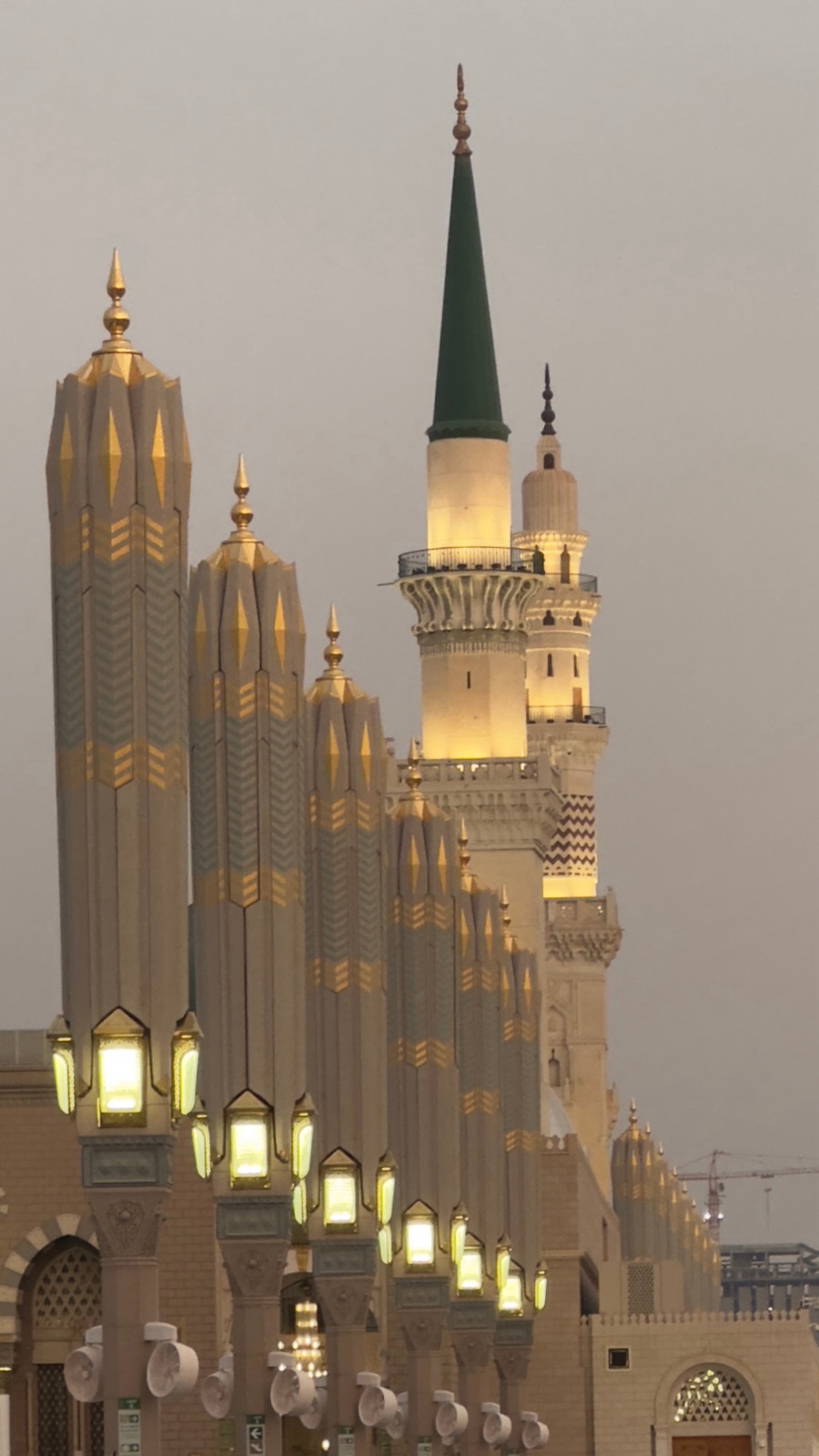 Minarets of Masjid an-Nabawi, the Prophet&rsquo;s Mosque, at dusk in Madinah