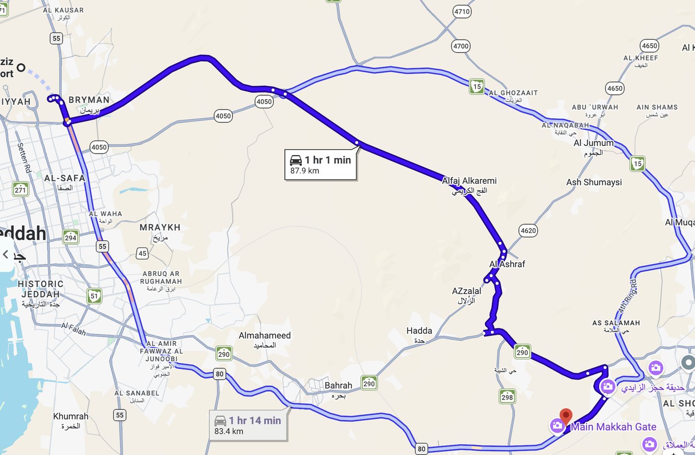 Drive time from Al Manar to King Abdulaziz International Airport in Jeddah, 1 hour 1 minute