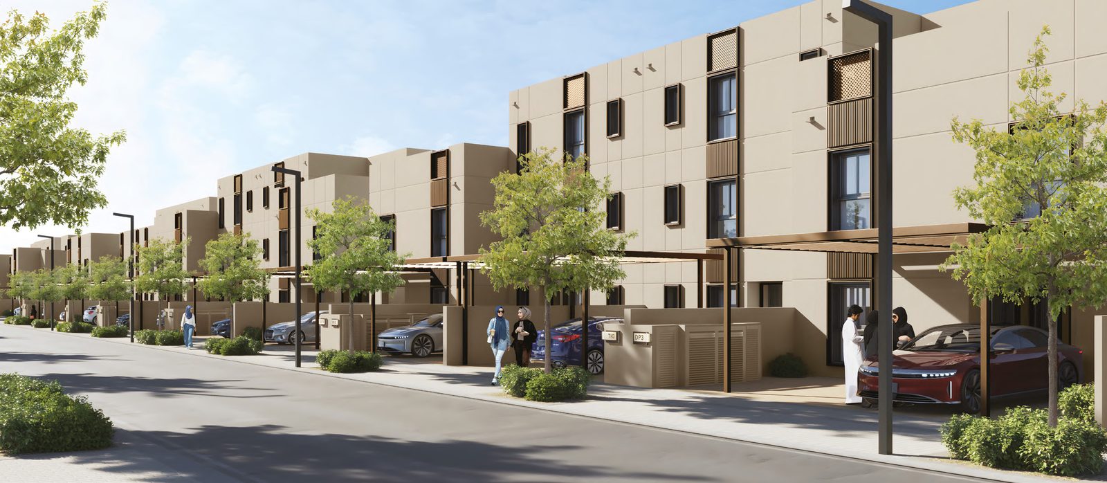 Modern villas and townhouses along a living street