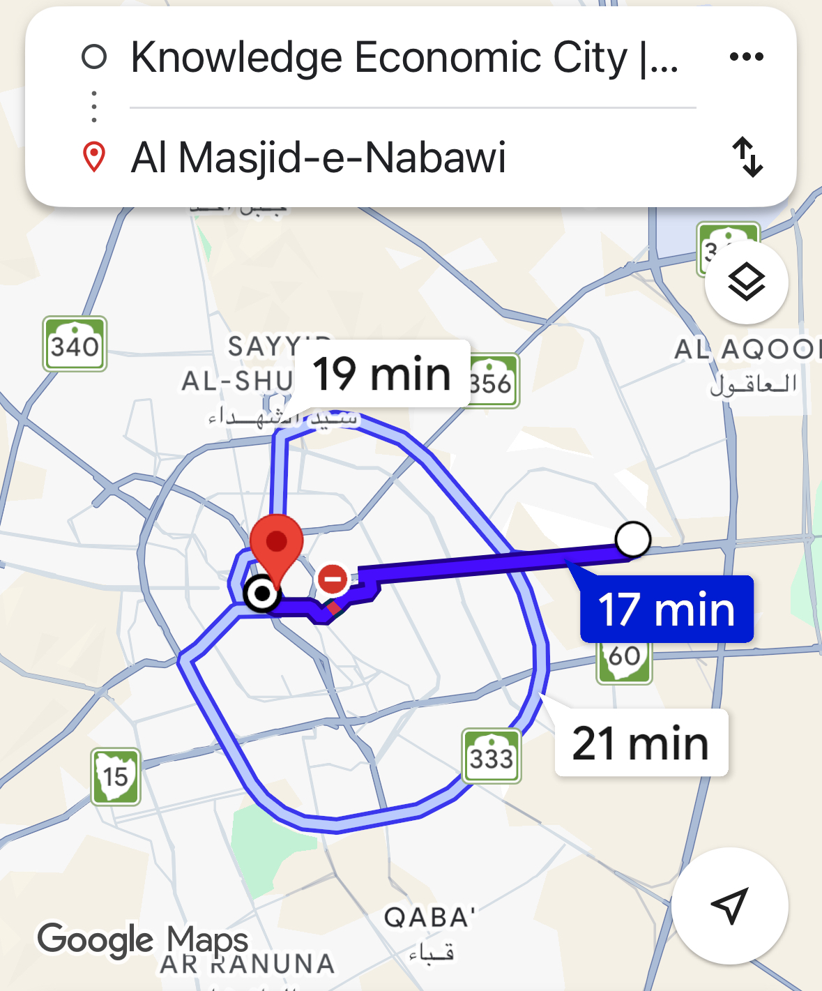 Drive time from Al Alyaa to Al-Masjid an-Nabawi, 17 minutes