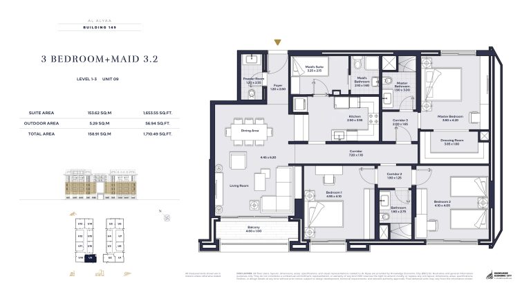 Floor plan — 3 Bed + Maid, Model 3.2, Al Alyaa