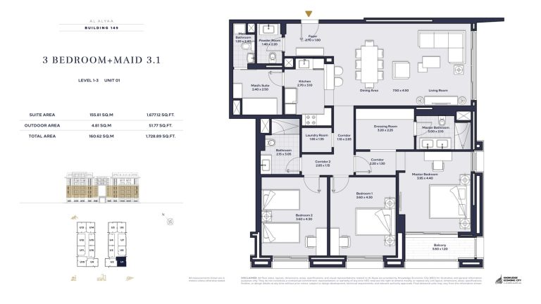Floor plan — 3 Bed + Maid, Model 3.1, Al Alyaa