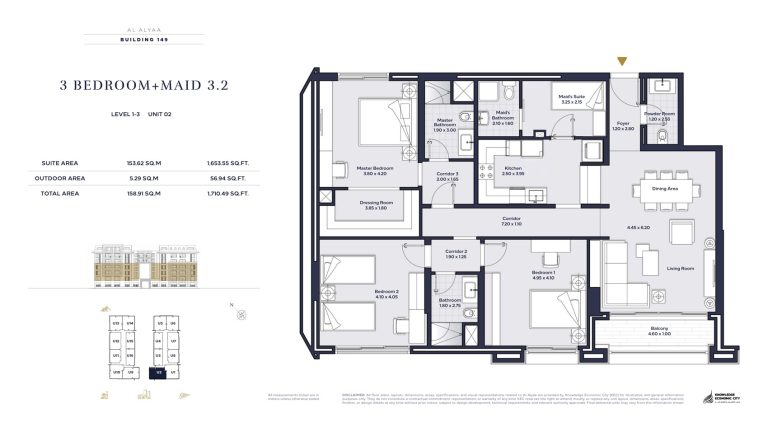 Floor plan — 3 Bed + Maid, Model 3.2, Al Alyaa