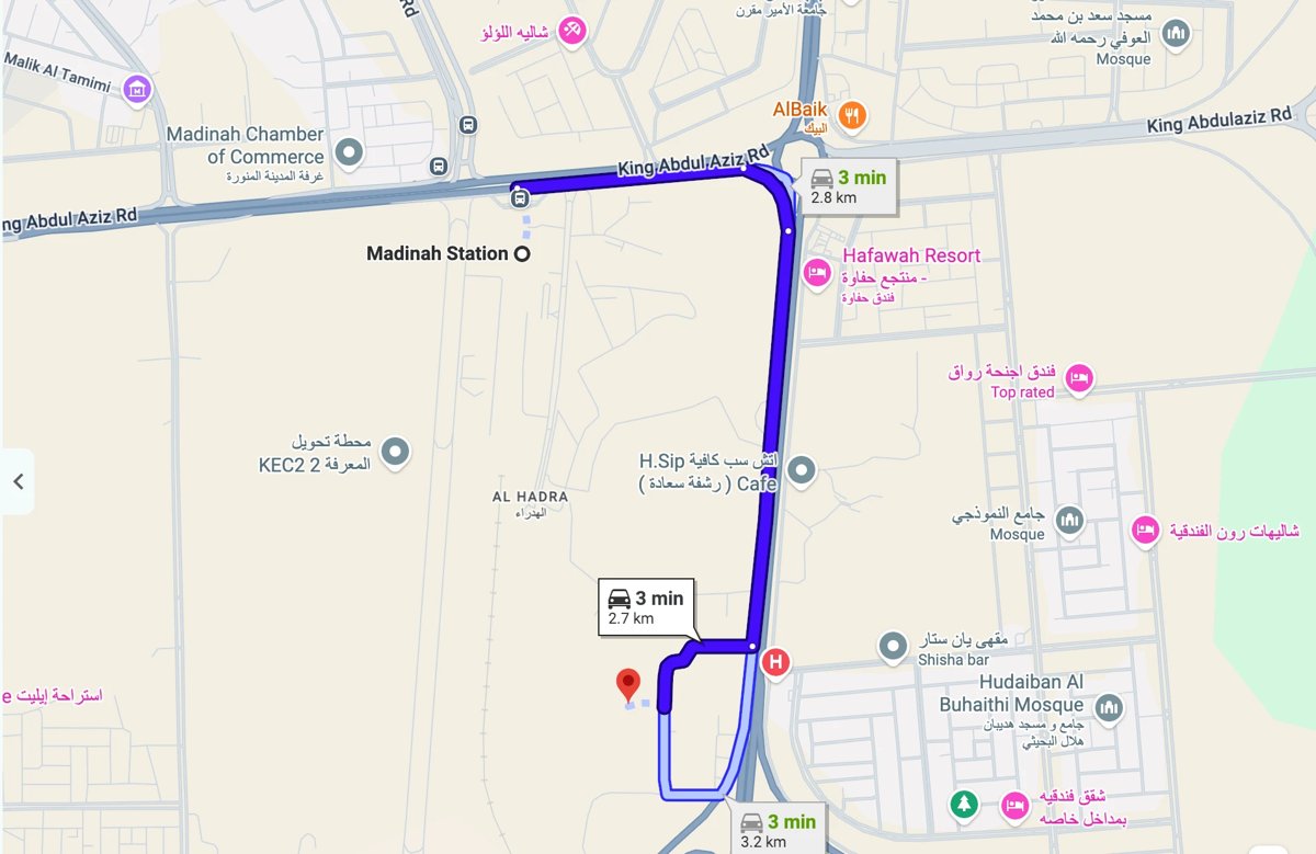 Drive time from Meshraf al-Majdiah to the Haramain high-speed railway, 3 minutes