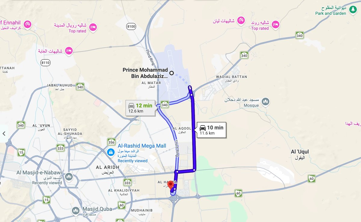 Drive time from Meshraf al-Majdiah to Madinah Airport, 10 minutes