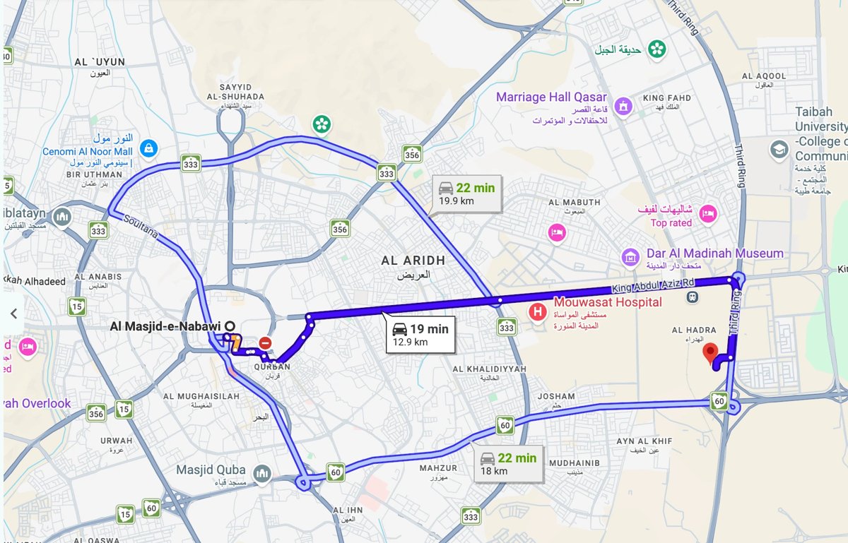 Drive time from Meshraf al-Majdiah to Al-Masjid an-Nabawi, 19 minutes