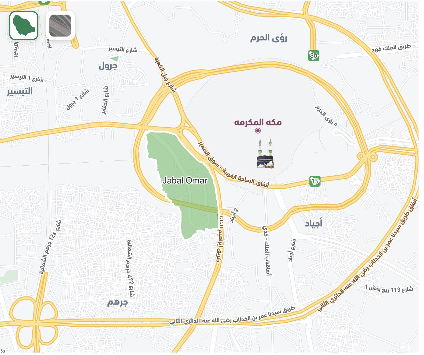 Jabal Omar designated ownership zone, Makkah — official Saudi Properties portal map showing the zone boundary west of Al-Masjid al-Haram