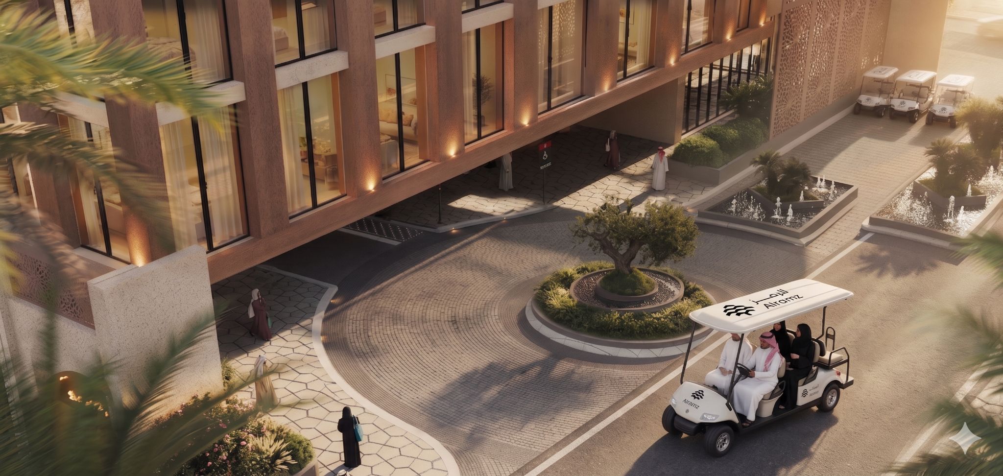 Arrival plaza and golf-cart transfer at Masar Corner, Makkah