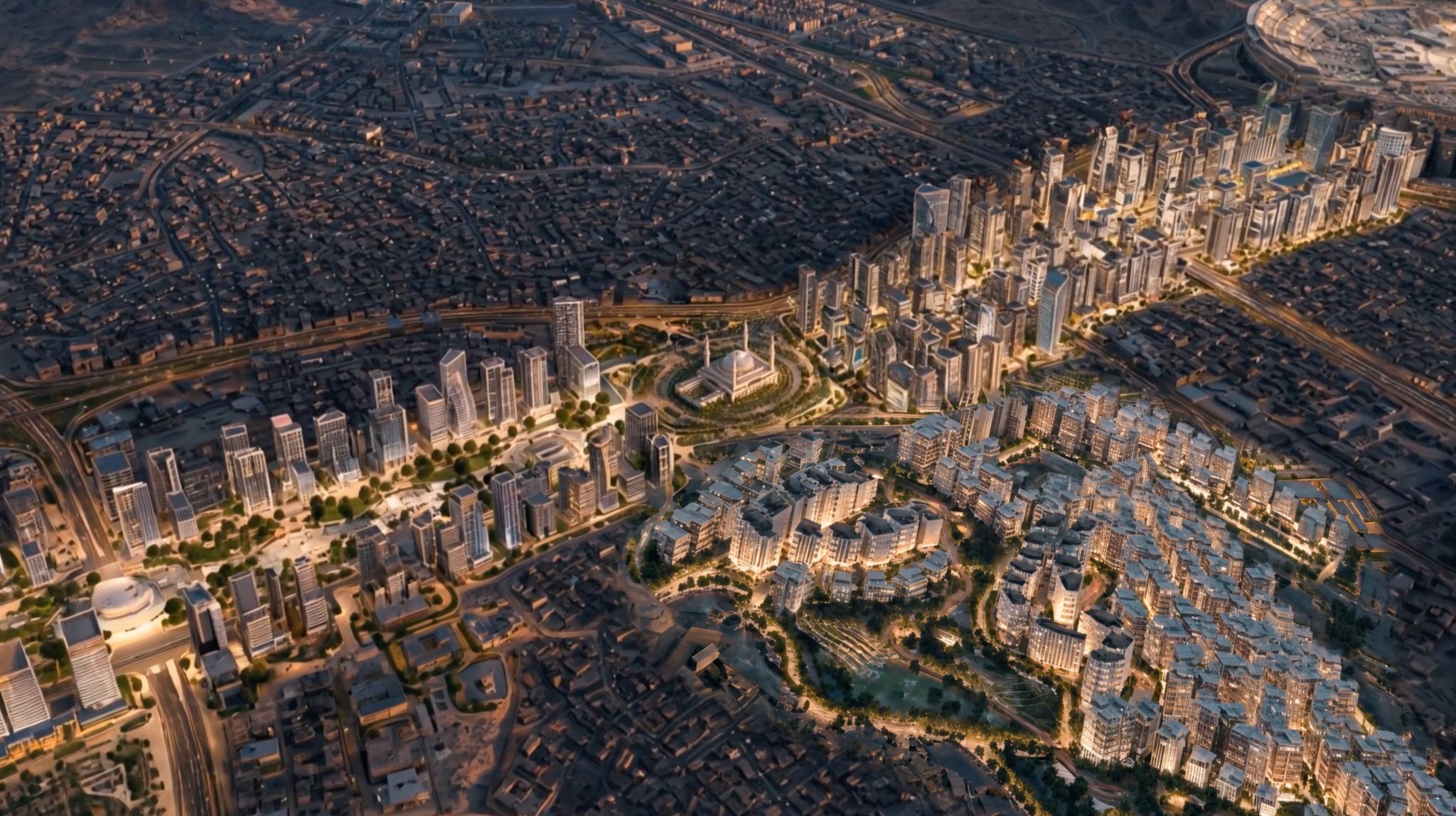 Aerial view of the Masar destination boulevard in Makkah at dusk