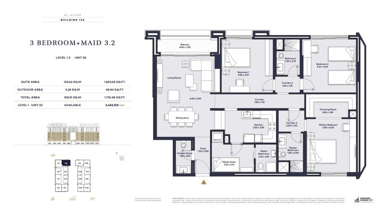 Floor plan — 3 Bed + Maid, Model 3.2, Al Alyaa