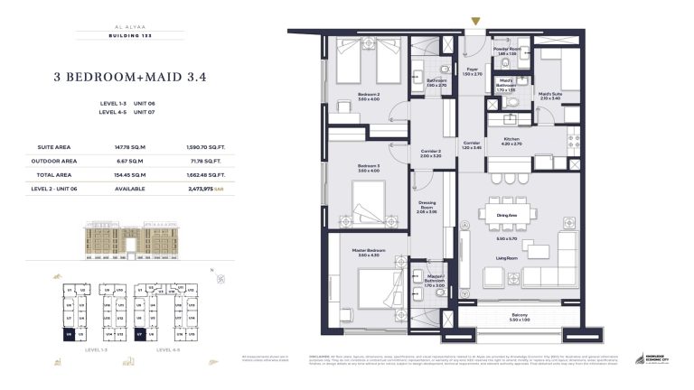 Floor plan — 3 Bed + Maid, Model 3.4, Al Alyaa