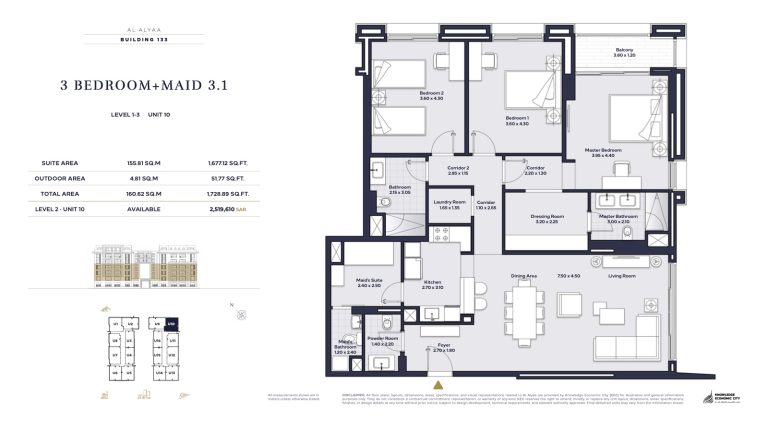 Floor plan — 3 Bed + Maid, Model 3.1, Al Alyaa