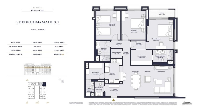 Floor plan — 3 Bed + Maid, Model 3.1, Al Alyaa