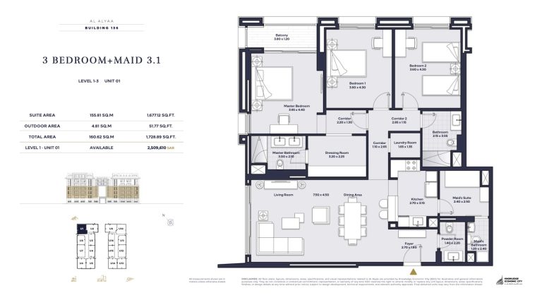 Floor plan — 3 Bed + Maid, Model 3.1, Al Alyaa