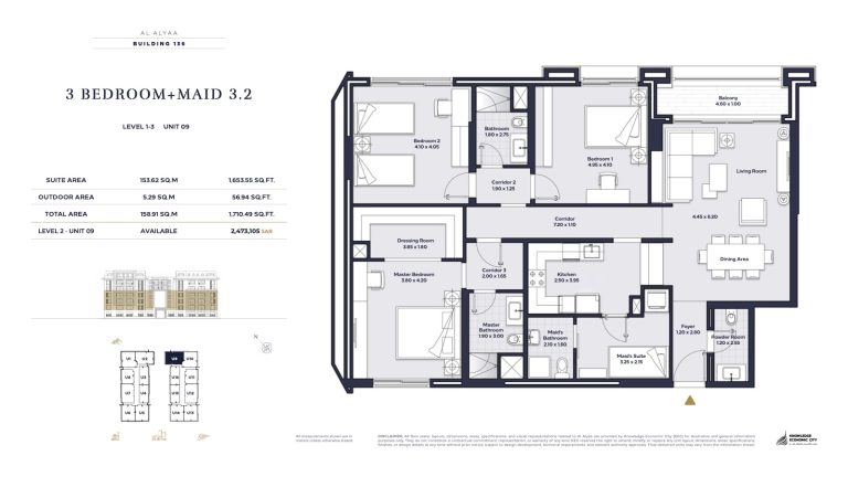 Floor plan — 3 Bed + Maid, Model 3.2, Al Alyaa