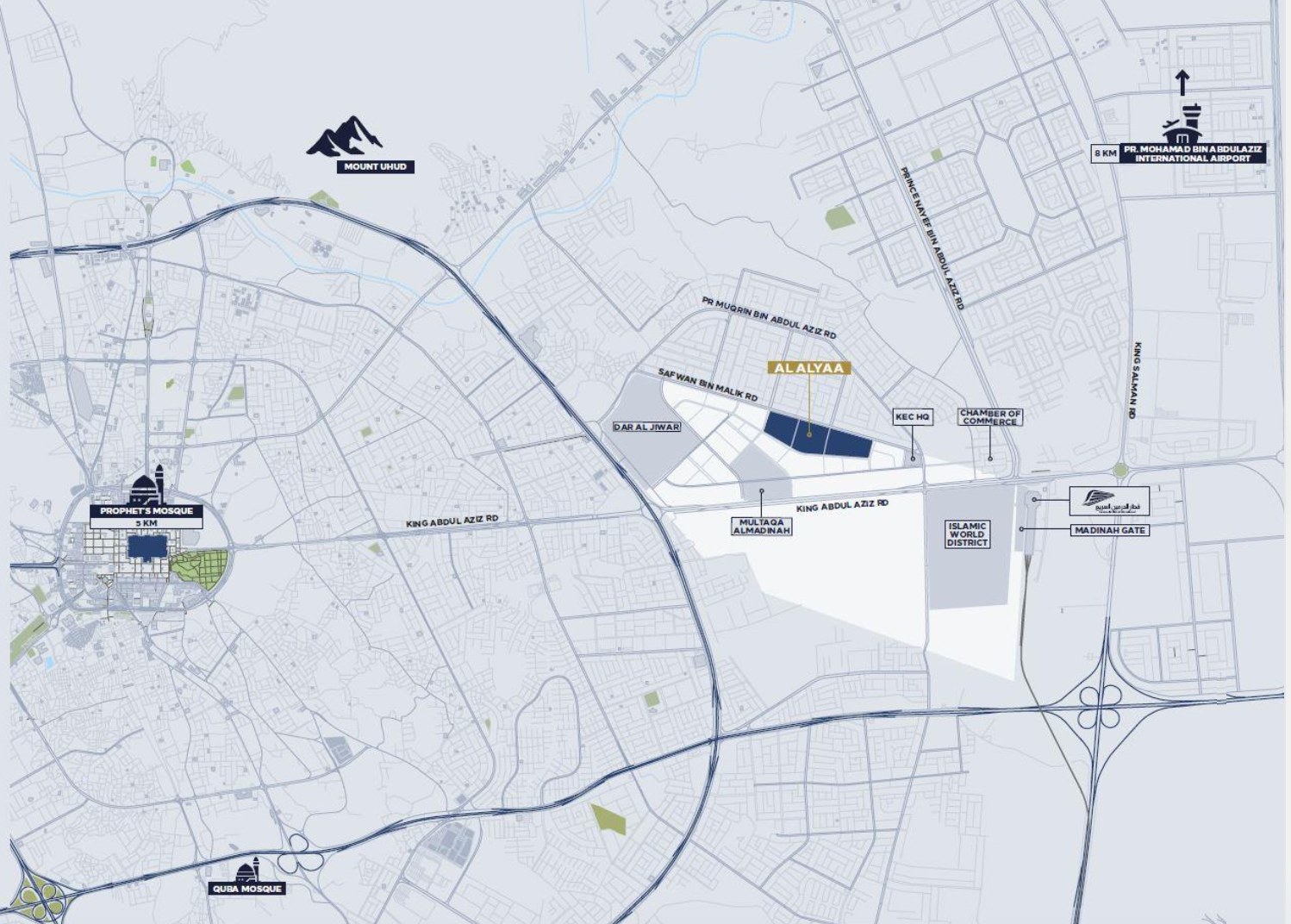Map of Knowledge Economic City, Madinah, showing Al Alyaa, Dar Al Jewar, Multaqa Almadinah, the Islamic World District, KEC HQ, Madinah Gate and the Haramain railway station, with the Prophet’s Mosque, Quba Mosque, Mount Uhud and Madinah Airport